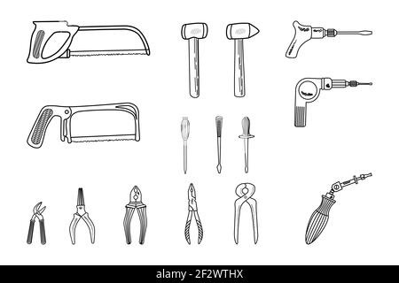 Set of hand tools, ploskogkbtsi, pliers, hammer, saw, screwdriver. Isolated on white background. Editable stroke Vector illustration Stock Vector