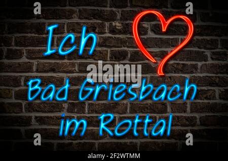 Leuchtreklame, Ich liebe Bad Griesbach im Rottal, Bayern, Deutschland, Europa | Illuminated advertising, I love Bad Griesbach im Rottal, Bavaria, Germ Stock Photo