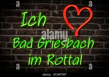 Leuchtreklame, Ich liebe Bad Griesbach im Rottal, Bayern, Deutschland, Europa | Illuminated advertising, I love Bad Griesbach im Rottal, Bavaria, Germ Stock Photo