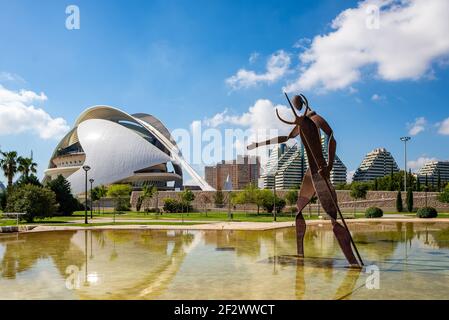 Neptune God sculpture in Turia Park, Valencia. The Esculturas del Rio Turia are a series of metal modern sculptures near the Ciudad de la Ciencia Stock Photo