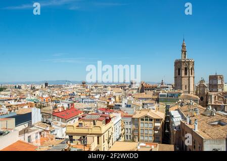 Aerial view of Valencia downtown. The old city center is full of historical buildings. El Micalet bell tower is the highest building Stock Photo