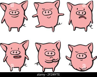 Collection of funny pig emoticon characters in different emotions. Vector set hand drawn illustration. Christmas card, poster, t-shirt composition Stock Vector