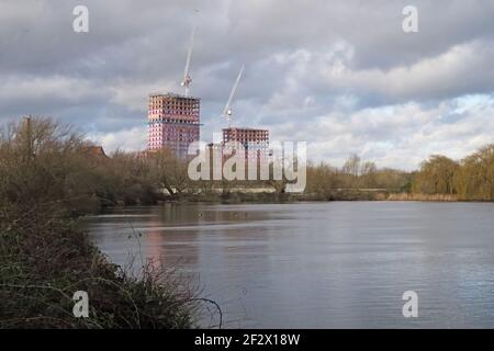 high rise development under construction next to Walthamstow Wetlands Nature Reserve north London, Uk Stock Photo