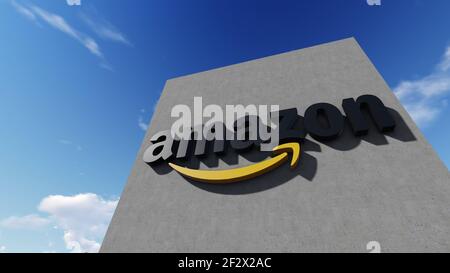 Amazon logo, on the wall, 3D rendering Stock Photo
