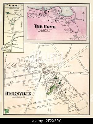 Oyster Bay, Long Island, NY, 1873 Area Maps.  Title: 'Hicksville, Town of Oyster Bay. - The Cove, Town of Oyster Bay. - Syosset, Town of Oyster Bay, Queens Co. L.I.' Old Beers map of three sections within the Town of Oyster Bay, New York. It features street names, property owners, railroads, and place names. Published 1873. Stock Photo