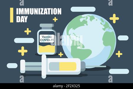 Immunization Day poster, Covid-19 vaccine and injection banner, vaccination illustration vector Stock Vector