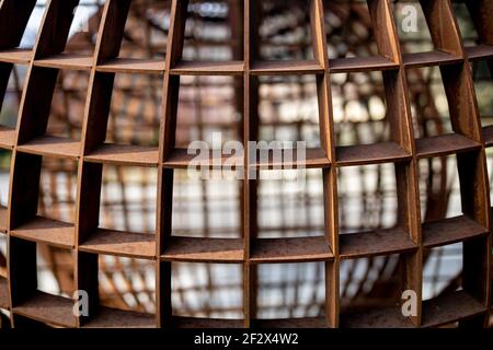 rusty grid metal sphere, close up view, texture Stock Photo
