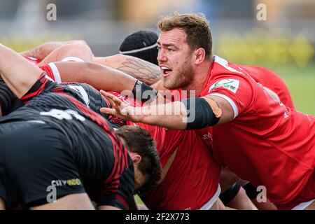 LONDON, UNITED KINGDOM. 13th, Mar 2021. Max Argyle of Jersy Reds (right) in action  during Greene King IPA Championship Rugby Match between Saracens vs Jersey Reds at Stonex Stadium on Saturday, 13 March 2021. LONDON ENGLAND.  Credit: Taka G Wu/Alamy Live News Stock Photo