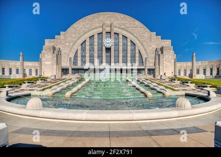 Cincinnati Union Terminal once served five railroads; the art deco landmark is now mostly museum space, with Amtrak departures only 3 nights weekly. Stock Photo