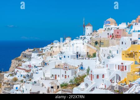 Popular view over Oia village In Santorini island, Greece Stock Photo