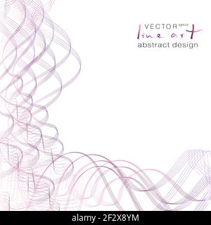 Purple, bordo, pink wavy lines forming a corner. Thin squiggly tangled curves. Abstract pattern. White background. Modern design for brochure, poster, Stock Vector