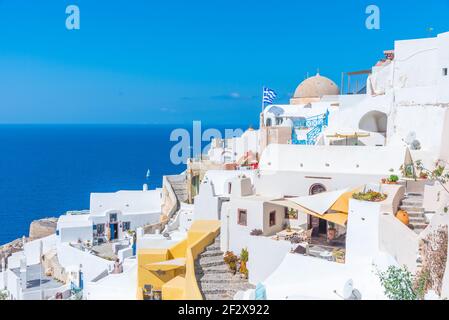 Popular view over Oia village In Santorini island, Greece Stock Photo