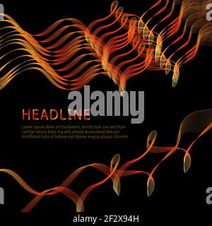 Colored layout with squiggly lines in arabic style. Vector pattern of bright red, orange, yellow wavy curves. Black background. Creative design. EPS10 Stock Vector