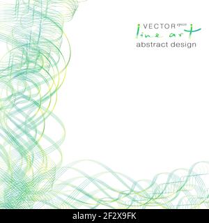 Green, yellow, thin squiggle lines. Line art abstract pattern. Pastel gradient. Colored waves, subtle undulating curves. Vector brochure design. EPS10 Stock Vector