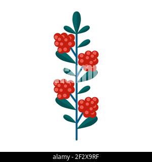 Simple minimalistic green branch of raspberry with leaves and red berries. Floral collection of elegant plants for seasonal decoration . Stylized icon Stock Vector