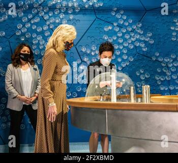 Tanya Durand, Executive Director of Greentrike, right, shows U.S First Lady Dr. Jill Biden around the Children's Museum at Joint Base Lewis-McChord March 9, 2021 near Tacoma, Washington. Stock Photo