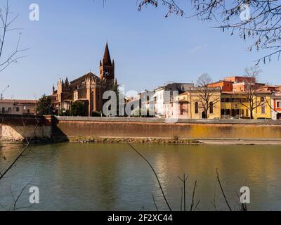 Panorama of the old city of Verona near the Church of 'San Fermo Maggiore' seen from the coast of the Adige river, close to the 'Ponte delle Navi' Stock Photo