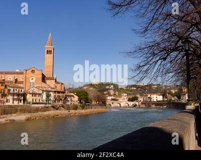 Panorama of the old city of Verona, view on Sant'Anastasia church near the 'Ponte di Pietra' (Stone Bridge) Stock Photo