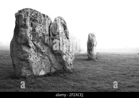 An image taken on a misty morning showing two of the ancient stones at Avebury Wiltshire Stock Photo