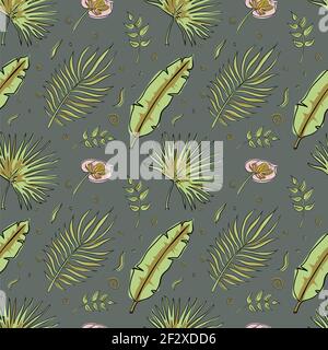 Botanical seamless patten with tropical leaves on dark green background with gold accents. Repeated exotic floral ornament. Perfect for wallpaper, wrapping paper, textile and fabric. Vector illustration Stock Vector