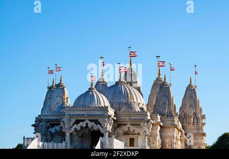 The BAPS Shri Swaminarayan Mandir, a traditional Hindu temple in Neasden (London, United Kingdom), on a beautiful sunny day Stock Photo