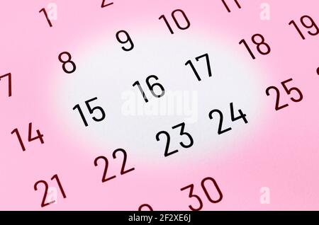 Close up of monthly calendar with several numbers in evidence Stock Photo