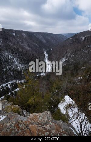 A frozen Blackwater River in the Blackwater Canyon of Davis, West Virginia. Stock Photo