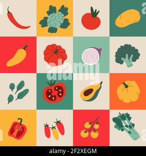 Vegetables, organic food poster with hand drawn doodle cartoon illustrations of healthy food products, pumpkin, tomato and pepper Stock Vector