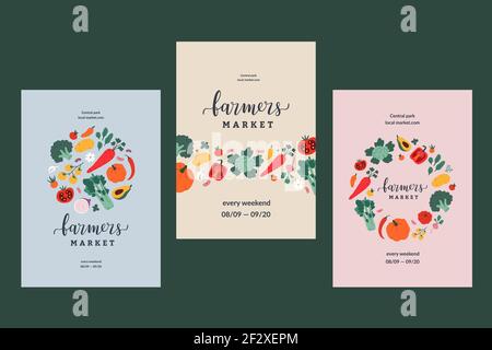 Farmers market poster collection, illustrated pre-made designs, vector banner templates with lettering for local food fair, hand drawn illustrations Stock Vector