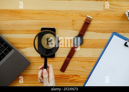 Desk with various gadgets and office supplies Stock Photo