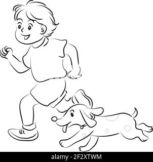 vector cartoon boy running with pet dog Stock Vector