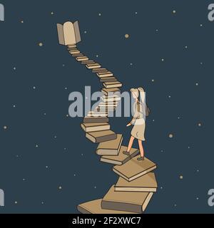 Concept: book or reading is source of knowledge.Tiny girl climb up stack of books in form of ladder leading up to open door with light coming Stock Vector