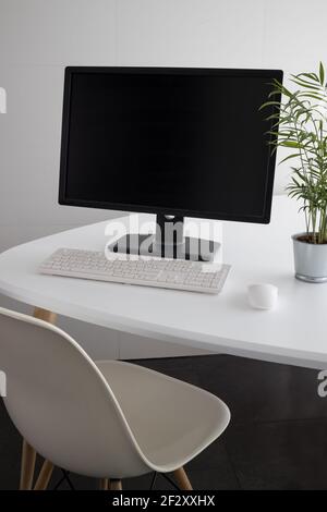 Modern computer with black monitor and white keyboard placed on desk with potted green plant in office Stock Photo
