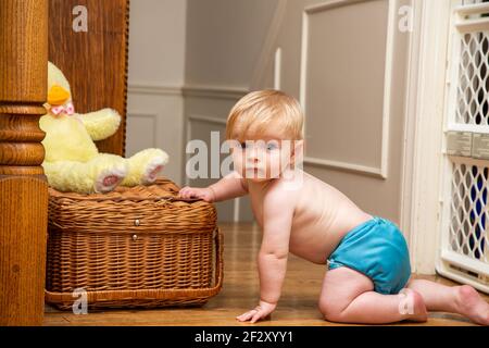 Mischeivious 10 month old Little baby boy crawling at home Stock Photo