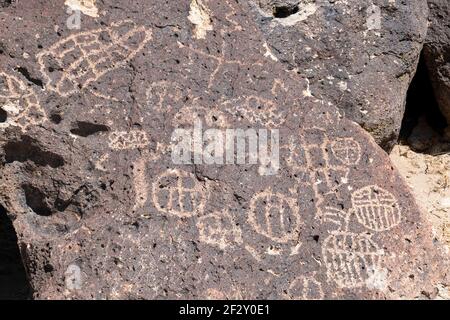 Petroglyphs can be found in several places in the Volcanic Tablelands just north of Bishop, Inyo County, CA, USA. Stock Photo