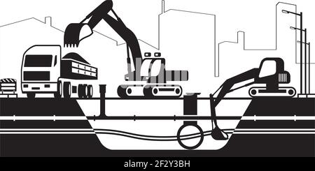 Truck and excavators repair installations under street - vector illustration Stock Vector