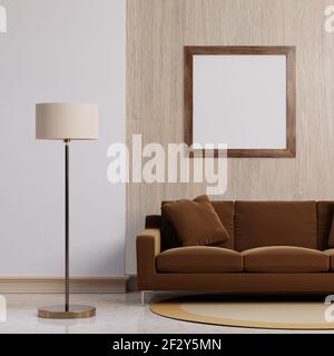Luxury modern interior of dark brown tone living room home decor concept background. Standing electric lamp and empty wooden picture frame on concrete Stock Photo