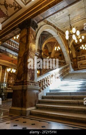 Interior architectural detail of the ornate marble staircase and balconies in Glasgow City Chambers, Glasgow, Scotland, UK Stock Photo