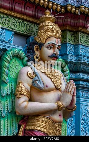 Deities on the exterior wall of the Sri Krishnan Temple (Hindu) in Singapore. The temple on Waterloo Street was established in 1870. Stock Photo