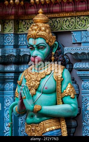 A statue of Hanuman, the Hindu Monkey God on the exterior wall of the Sri Krishnan Temple (Hindu) in Singapore which dates to 1870. Stock Photo