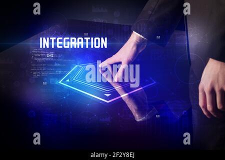 Hand touching digital table Stock Photo