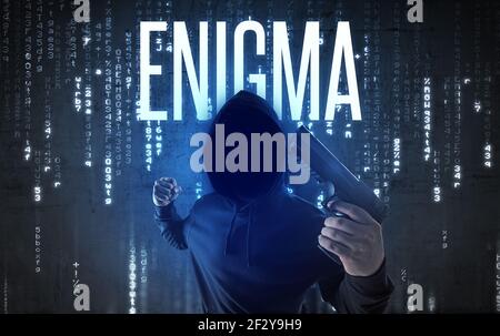 Faceless hacker with inscription Stock Photo