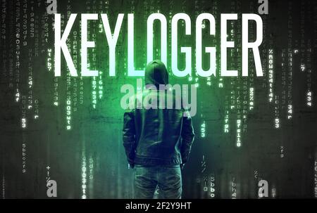 Faceless hacker with inscription Stock Photo