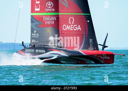 (210314) -- AUCKLAND, March 14, 2021 (Xinhua) -- Emirates Team New Zealand sails during 36th America's Cup Finals in Auckland, New Zealand, March 13, 2021. (COR36/Studio Borlenghi/Handout via Xinhua) Stock Photo