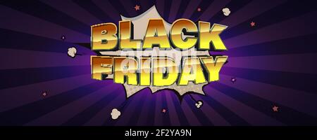 Black friday sale. Glossy volumetric golden text. Vector cartoon background with rays and halftone effect. Template for site header. Stock Vector