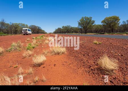 Tufts of yellow grass in the red dust in the Outback along the Adventure Way near Cunnamulla, Queensland, QLD, Australia