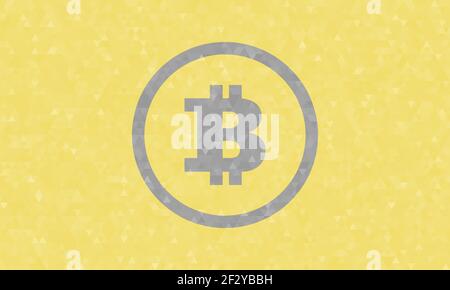 Digital bitcoin crypto currency vector background. Grey symbol on yellow futuristic geometric pattern of triangles, design for poster, banner, template. Blockchain network technology business. Stock Vector