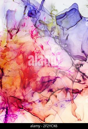 Sky color, White and Gold Streaks. Frosty Background Dots. Mixing acrylic paints. Modern art. Marble texture. Alcohol ink colors translucent Stock Photo