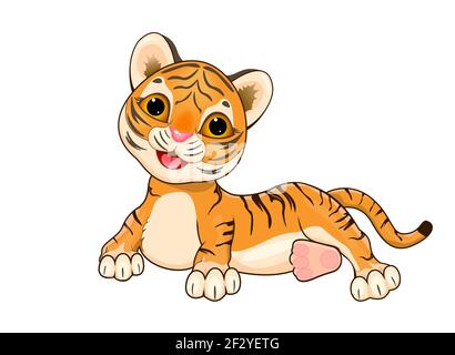 Cartoon little tiger cub on a white background. Stock Vector