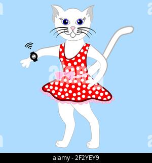 A cartoon cat wearing a polka dot dress and a smartwatch on its paw. Stock Vector